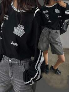 DAZY Women's Crew Neck Striped Long Sleeve Printed Fashion T-Shirt Preppy Tops Fall Tops