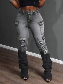 Slaydiva Quần ống rộng cạp cao màu đen co giãn cá tính cỡ lớn phong cách cowgirl dành cho nữ mùa đông, quần jean thu - màu đen - Xem 5