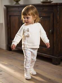 SHEIN 6 Monate-3 Jahre Baby Herbst Outfit für Mädchen 2 Stücke/Set, Lässig Stil Langarm-Oberteil & Blumen-Druck Lange Hose