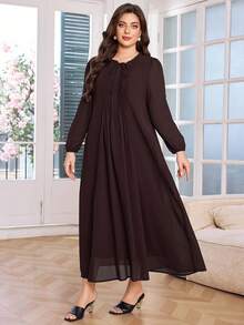 Lacomfia 大码女式宽松休闲荷叶边领带腰长袖连衣裙 - 棕色 - 查看 3