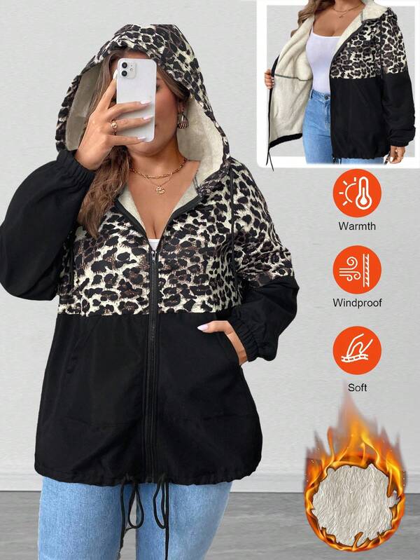 Elenzga Plus Size Leopard Print Patchwork Thermal Lined Hooded Jacket, Autumn/Winter