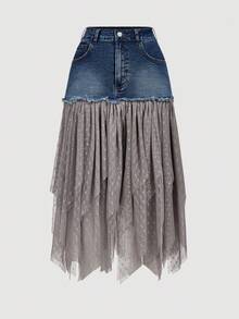 SHEIN MOD Women's Casual Denim Black Lace Patchwork Mesh Mini Skirt Jeans Mini Skirt Summer Vacation Denim Skirt Low Rise Skirt Black Jeans Skirt - Dark Wash - View 1