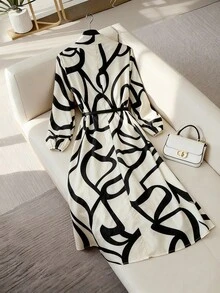 Franclia Plus Size Women's French Style Casual Elegant Geometric Print Long Sleeve Dress - Apricot - View 2