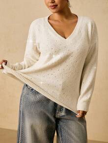 SHEIN VCAY Plus Size Rhinestone Embellished Sweater, Fashionable For Autumn/Winter - Apricot - View 6