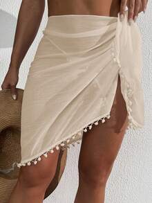 Swim Vcay Vacation Casual Beach Wrap Towel With Tassel Pom Pom, Bohemian Style Sarong & Skirt For Summer