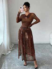 Modelyn Women's Elegant Leopard Print Slit Dress, Fashion & Stylish, Autumn/Winter - Coffee Brown - View 6