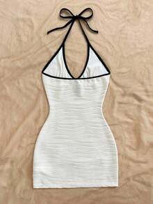SHEIN WYWH 女士性感露背挂脖迷你连衣裙，夏季 - 白色 - 查看 2