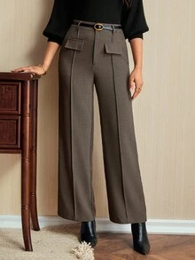 Vintamour Damen Vintage Elegante Hosen mit Taschen in Große Größen, Lässig Workwear Hosen für Urlaub und Frühling - Braun - Übersicht 6