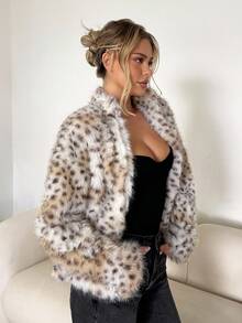 SHEIN ICON Sexy Leopard Print Faux Fur Cropped Jacket Leopard Print Coat In Fall/Winter - Multicolor - View 2