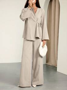 SHEIN Tall Women Autumn And Summer Elegant Leisure Vacation Commuting Office Old Money Lapel Waist Tie Loose Linen Shirt Jacket And High Waist Casual Trousers Khaki Two Pieces Suit Outfits,Graduation,Teacher Outfits For Women,Back To School, Fall Women Clothes, Old Money, Office Outfits - Khaki - View 9