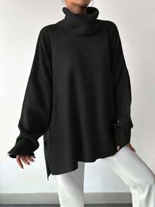 EURMUSE Women's Solid Color High Neck Asymmetric Hem Casual Long Sleeve Pullover Sweater - Black - View 3