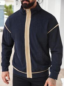 Manfinity Homme 男士休闲撞色饰边运动衫，秋季 - 藍色 - 查看 6