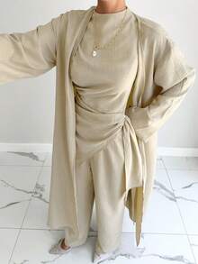 Siren Gaze 3 件套女式纯色简约长袖上衣、夹克和裤子套装，休闲日常穿着 - 杏色 - 查看 5