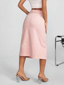 EURMUSE Váy denim cạp cao trơn đơn giản dành cho nữ - Hồng - Xem 2
