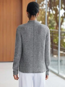 SHEIN Luminelle 女式休闲哥特式时尚简约修身立领罗纹毛衣，秋冬 - 灰色 - 查看 2