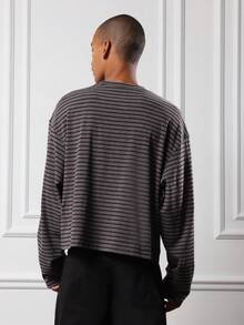 SUMWON Camiseta de manga larga a rayas de corte holgado y boxy, minimalista y básica para otoño e invierno, cuello redondo, ropa de calle - Gris - Ver 2