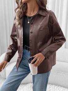 SHEIN LUNE Plus Size Women's Street Rock Casual Fashion Black PU Long Sleeve Jacket, Autumn/Winter Holiday Thermal Fall - Coffee Brown - View 1