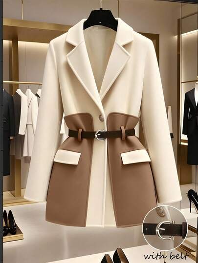 GlowEve 女士翻领西装外套，收腰设计，修身剪裁，休闲/商务优雅法式风格，米色/卡其色，长袖，秋冬款