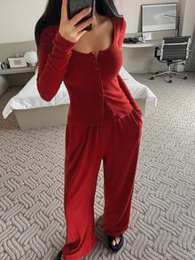 DAZY Women Fleece Knit Fitted Top And Loose Pajama Pants Set, Autumn/Winter Loungewear, Cozy Outfit, Fall Clothes - Red - View 7