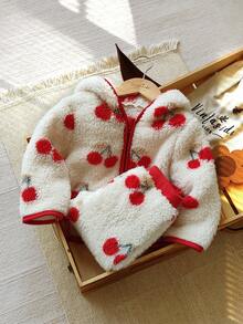 Vintaside Kids 2 件套女婴冬季新款 2025 人造毛皮樱桃印花下摆和衣领红色拉链连帽开衫和宽松袖口裤休闲装 - 彩色 - 查看 1