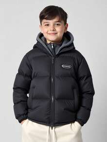 SHEIN Kids/Tween Boys' Casual Hooded Zip-Up Thick Woven Long Sleeve Winter Parka Coat, Suitable For Commuting, School, Everyday, Vacation, Sports, Spring/Summer/Autumn/Winter Boys Boy Kids Boys Kids Boy Teen Boys Fall - Black - View 5