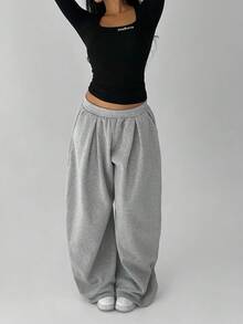 FavEase Women's Fleece Elastic Waist Solid Color Pleated Casual Sweatpants - Grey - View 6