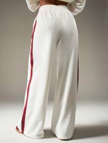 MISSGUIDED Wide Leg Lounge Pants Retro Side Stripe Track Pants Elastic Waist Casual Wear Fall Winter Comfortable Relaxed Palazzo Style Bottoms - Beige - View 2
