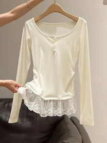 Franclia 女士T恤/纽扣缝线蕾丝修身优雅长袖T恤/Y2K风格/女士休闲大领长袖上衣/新款褶皱收腰打底上衣/春夏秋季 - 白色 - 查看 5