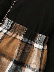 Tween Girl High Neck Tee & Plaid Skirt Without Bag - Multicolor - View 5