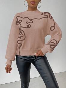 SHEIN LUNE 女式撞色图案高领简约日常长袖毛衣 - 藕粉色 - 查看 5