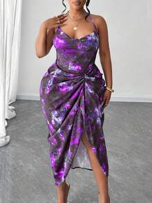 Maweii Váy hở lưng họa tiết hoa mùa hè cỡ lớn, viền bất đối xứng, nhún bèo - Màu tím - Xem 4