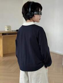 DAZY 秋季青少年男孩休闲撞色领长袖T恤 - 藏蓝色 - 查看 5
