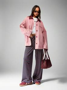 MISSGUIDED Oversized Barn Jacket Retro Style Denim Jacket Button Front Cotton Canvas Workwear Fall Winter Outerwear With Burgundy Leather Collar - Multicolor - View 4