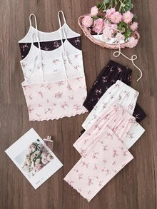 CottageSlumber Conjunto de pijama de camiseta y pantalones con estampado floral romántico ditsy de 3 piezas para mujeres, adecuado para compañeras de cuarto y hermanas - Multicolor - Ver 2