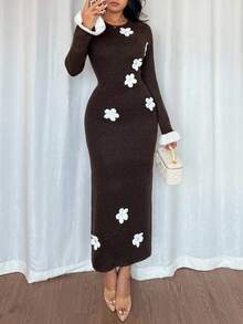 Chiquease Women's Elegant Brown Floral Long Bodycon Dress,Autumn Date Night 3D Floral Applique Backless Waist Cutout Long Sleeve Daisy Flower Dress - Coffee Brown - View 5