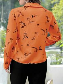 EMERY ROSE Plus Size Women Fall Casual Orange Plant Printed Long Sleeve Shirt - Orange - View 2