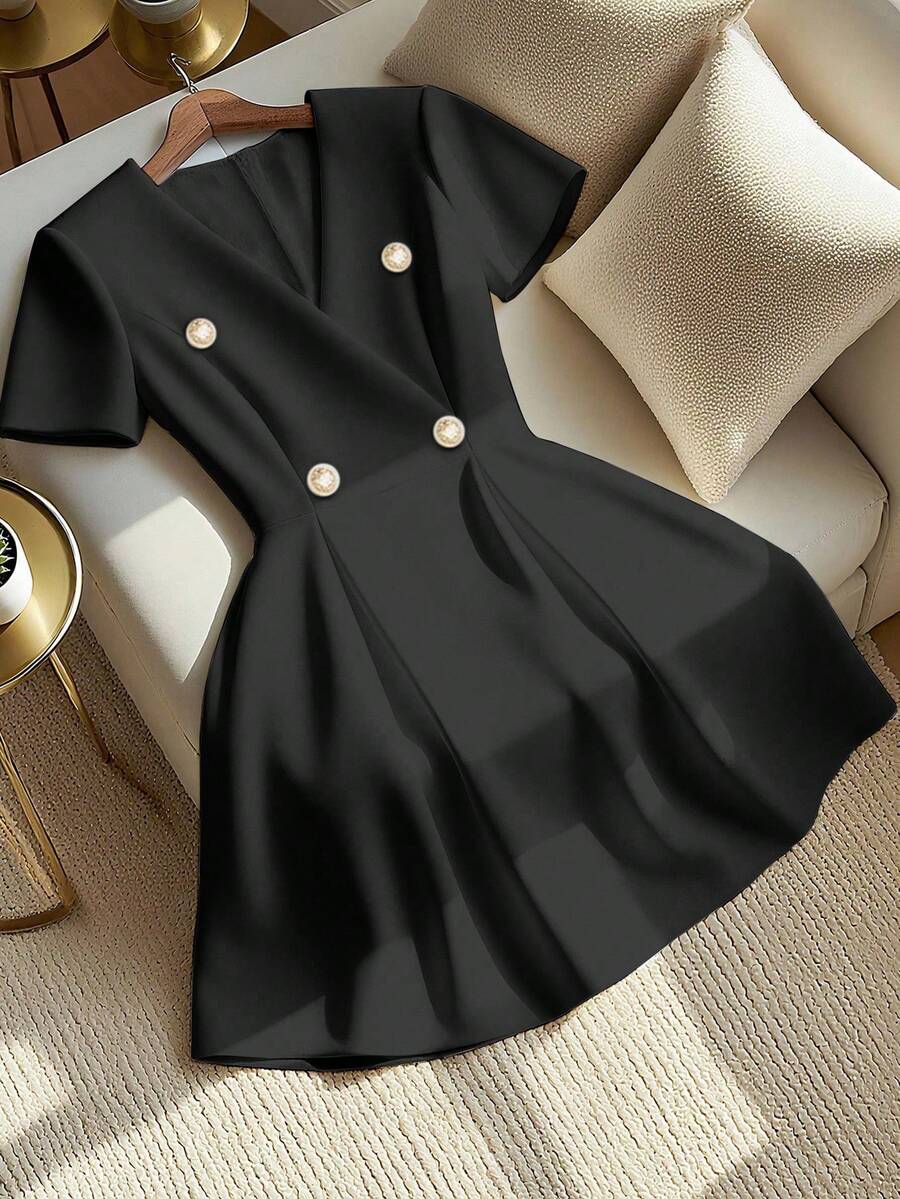 Regalyn Plus Size Women Elegant White Criss-Cross Tie Waist Double-Breasted Mini Dress, Summer