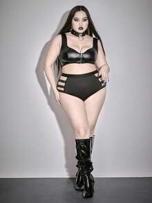 ROMWE Grunge Punk Sujetador con aros y sujetador sin aros de talla grande, estilo punk oscuro con cremallera de PU