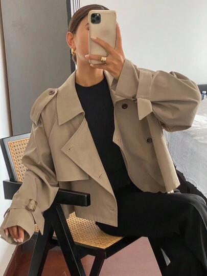 Livesso Áo khoác trench coat ngắn thường ngày cho nữ, áo khoác mới về mùa thu
