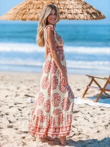 Sylviya Váy chữ A tay lửng xếp ly, thắt eo, viền bèo nhún có họa tiết in, trang phục nghỉ dưỡng thường ngày cho nữ - Đỏ - Xem 4
