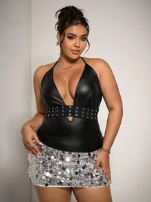 SHEIN EZwear 加大码 PU 系带孔眼可调节腰带露背吊带上衣 - 黑色 - 查看 4