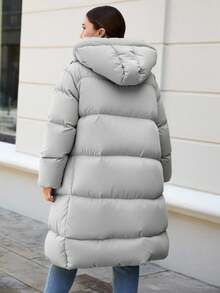 SHEIN Cottnline Plus Size Women Solid Color Long Sleeve Zipper Hooded Winter Jacket - Light Grey - View 2