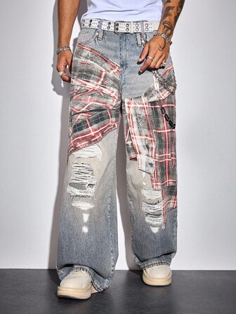 Street Life Jeans casual larghi con stampa a quadri, moda da strada per uomo