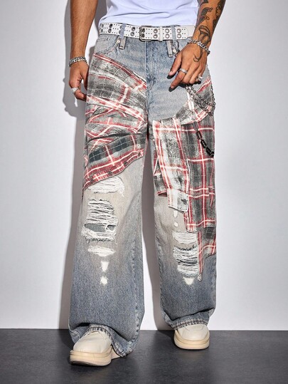 Street Life Jeans décontractés amples à imprimé à carreaux pour hommes, mode de rue