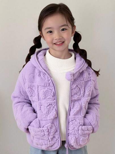 SHEIN Áo khoác len cardigan lông cừu có mũ họa tiết trái tim màu tương phản cho bé gái, ấm áp cho mùa đông, đa năng cho các buổi đi chơi thường ngày, kỳ nghỉ, trường học và nhiều hơn nữa