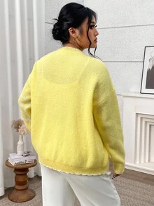 Modelyn Damen Große Größen Blumenmuster Cardigan mit Drop Shoulder, Langarm, lässig, locker gestrickt, Herbst/Winter - Gelb - Übersicht 2