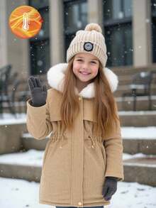 SHEIN Girls' Cinched Waist Hooded Padded Coat, Zipper Closure, Faux Drawstring, Slim Fit Padded Coat Fall Winter