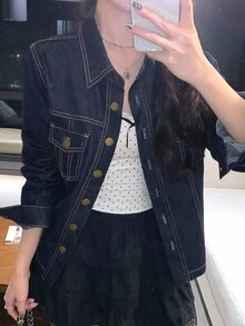 FRIFUL 女士牛仔衬衫，翻领，后背抽绳设计，修身款，百搭长袖 - 藍色 - 查看 5