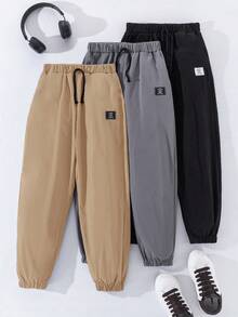 SHEIN 3pcs/Set Teen Boy Loose Casual Solid Color Drawstring Ankle Length Pants Fall Winter - Khaki - View 2