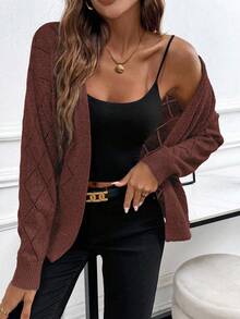 EMERY ROSE Casual Comfortable Hollow Diamond Pattern Cardigan For Women - Rust Brown - View 4